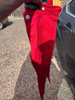 Slim Men’s streetwear leather denim jeans in Vibrant Red